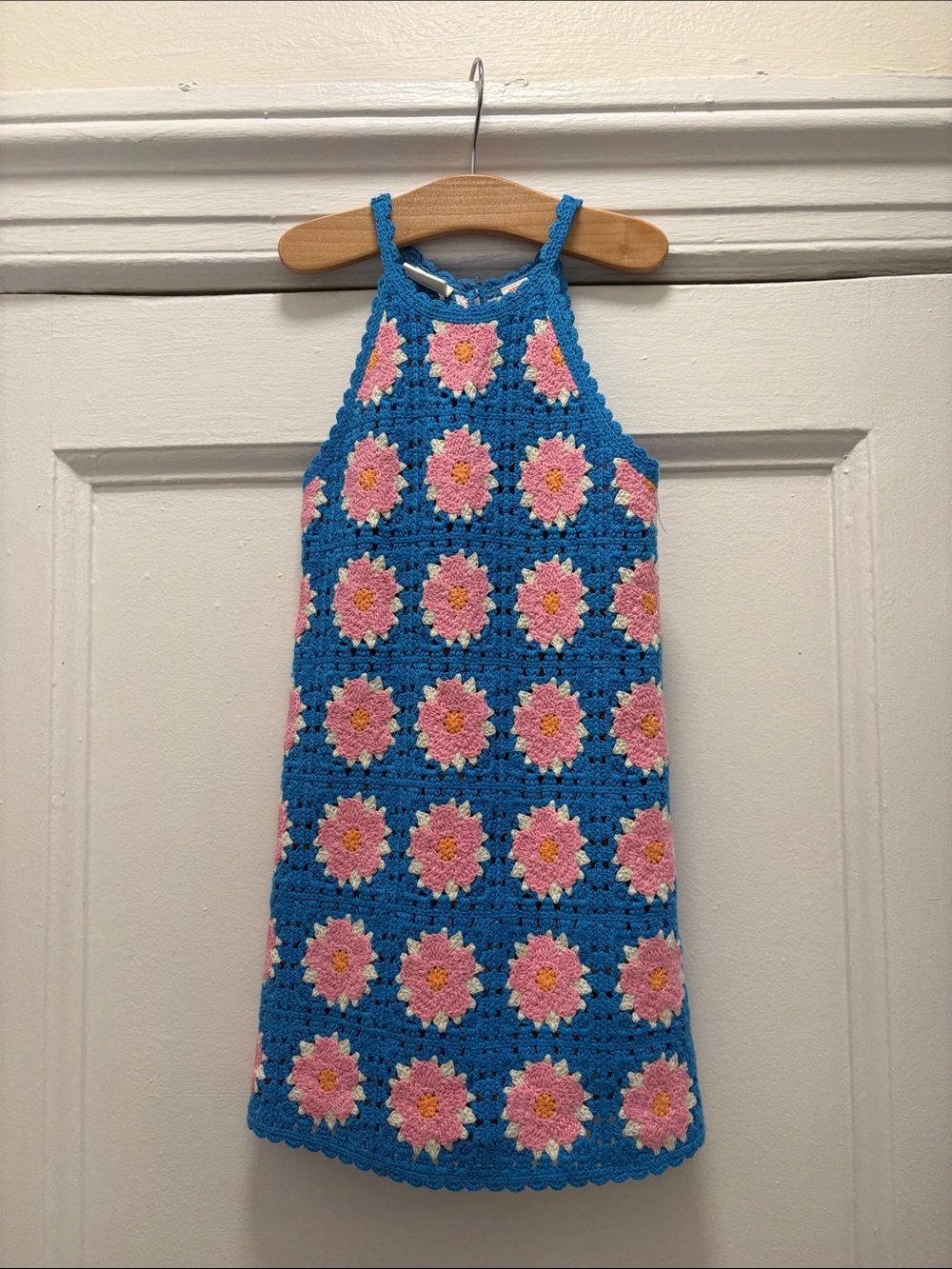 Zara Blue Crochet Tank Dress with Pink Flower Motif